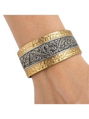 Hammered Floral Vine Cuff Bracelet Gold and Silver Tone